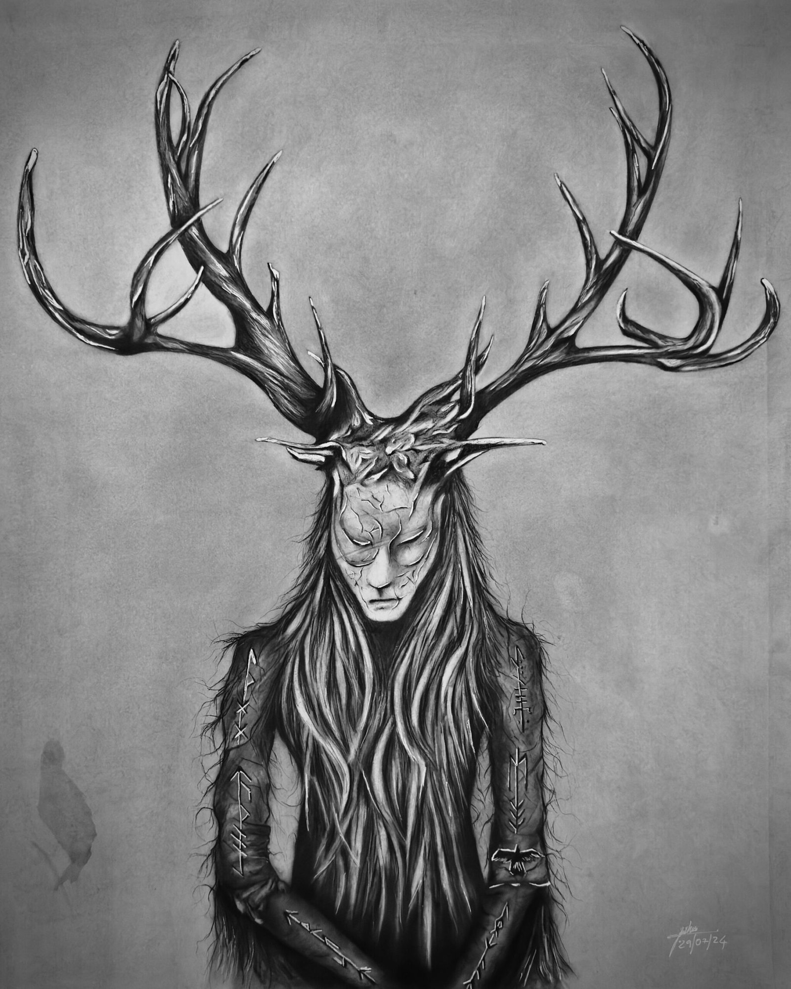 Shaman. A charcoal drawing of a shaman in Nordic age symbolize strength and a mystical connection to nature, enhancing the portrait’s powerful aura. The artwork blends historical and mythical themes, evoking ancient Nordic culture. Overall, it’s a captivating piece that reflects the rich, storied past of the Nordic age. Zerabavel (John Thomas)