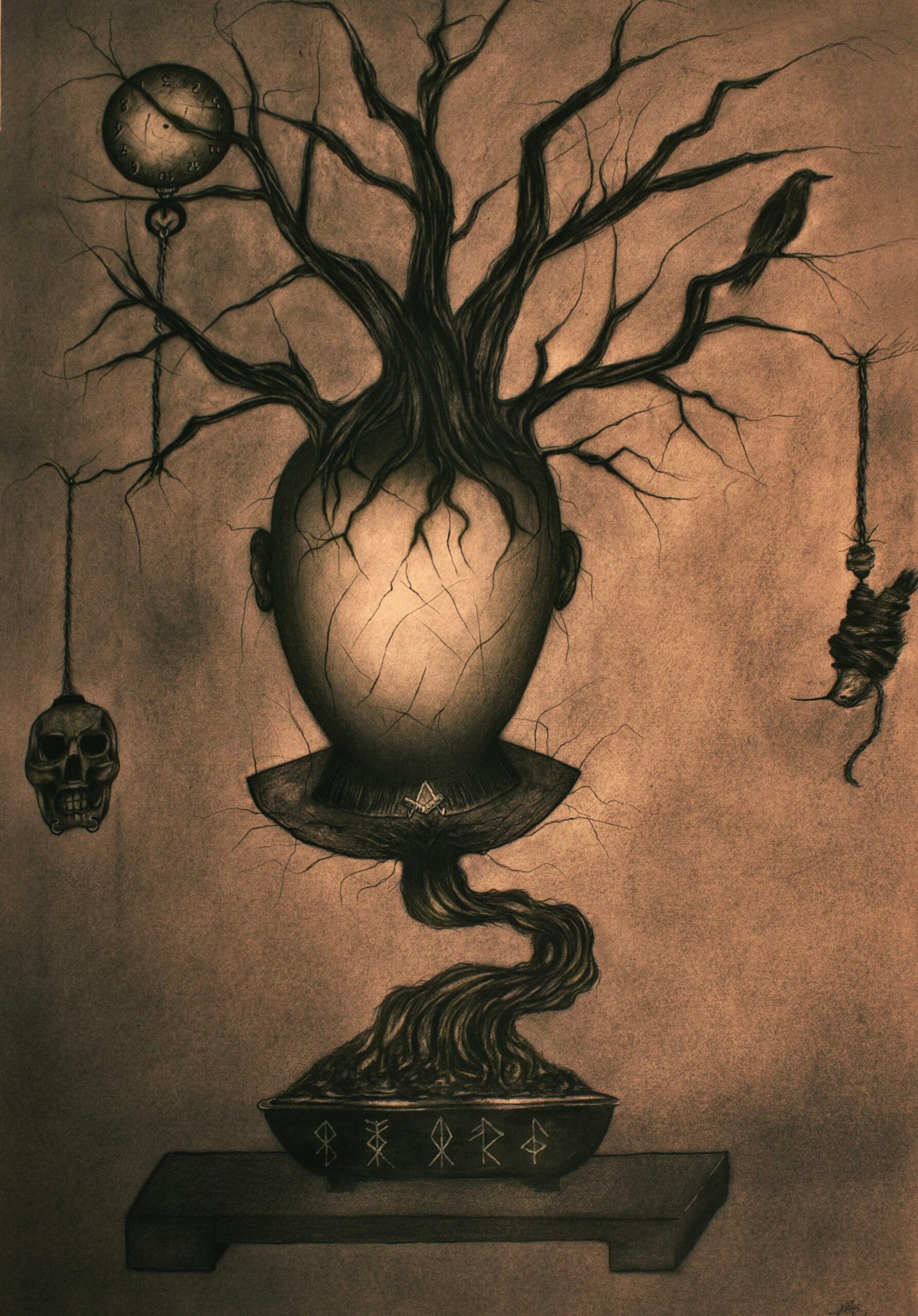 Originals A faceless figure sprouts a tangled tree of thought — fractured, raw, and eternal. Time defiling gravity, a clock without logic. Skull and bird dangle in silence, bound by unseen struggle. Norse runes etched on the vessel anchor the chaos in ancient wisdom and fate. “Rooted Mind” reflects the battle between inner growth, time, and ancestral power.