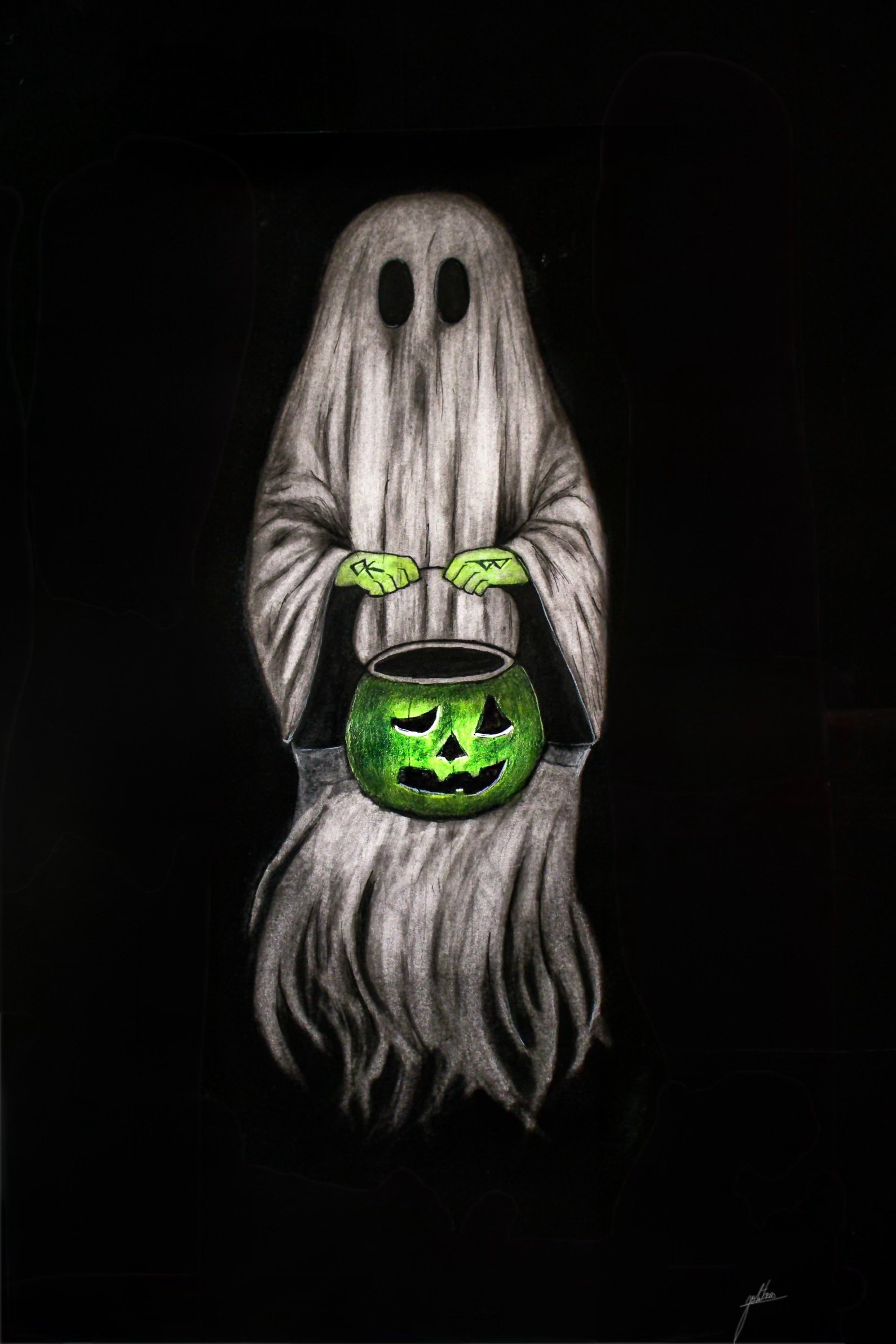 The Keeper of Hollow Souls They say each lantern once held a soul, but one night, the keeper forgot to return it. Since then, he wanders — lightless, faceless, endless. Charcoal in Paper Size: A4 Theme: Glow in the Dark
